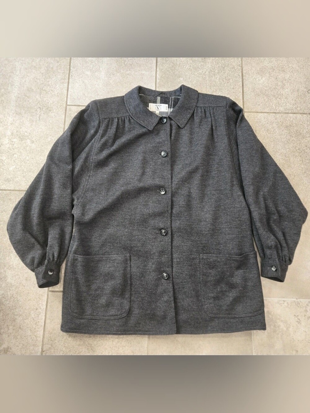 Vintage Valentino Miss V Grey Wool Pleated Puff Sleeve Jacket Coat Italy 42 US 6